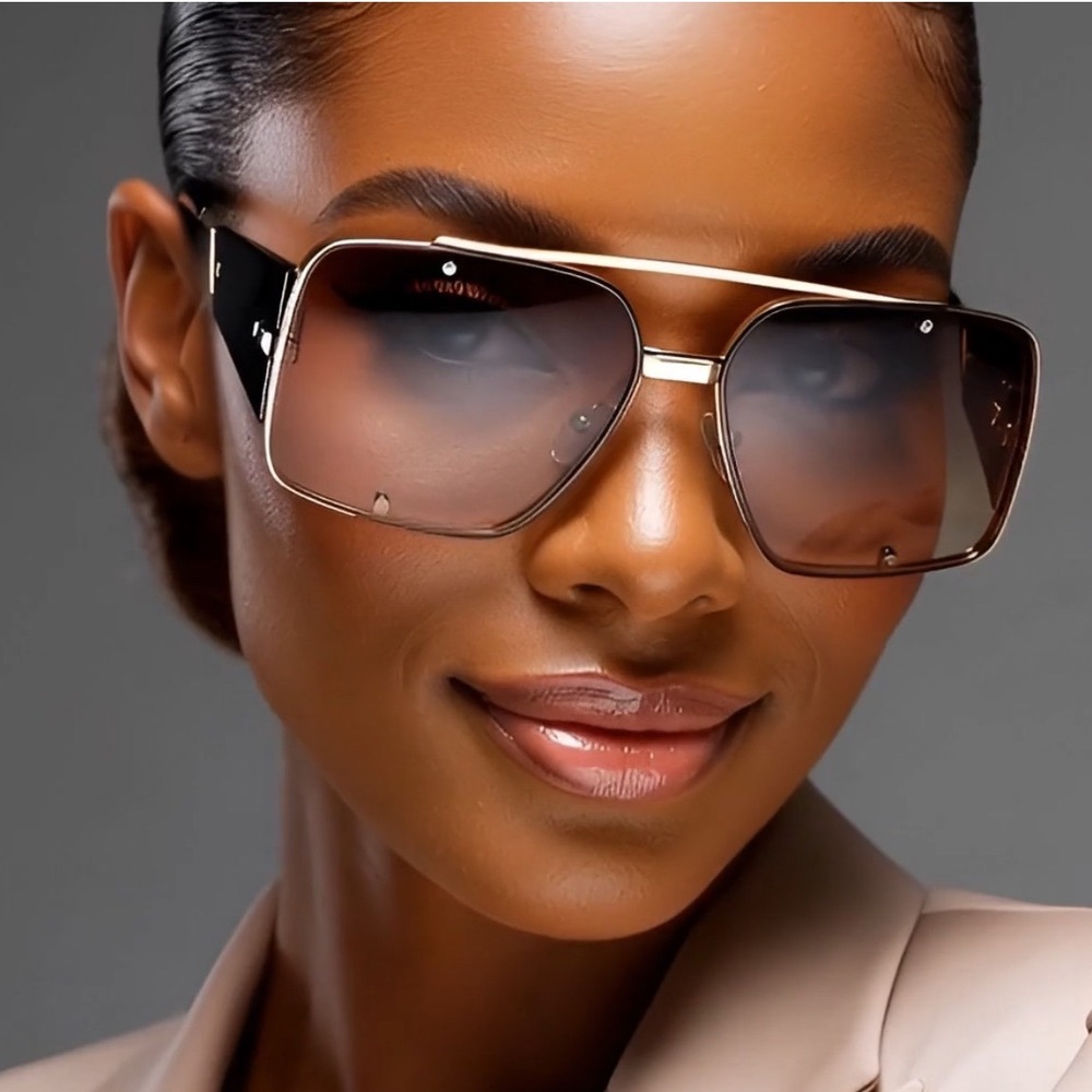 Oversized Square Sunglasses Women Gold Frame Gradient Brown Lenses Fashion